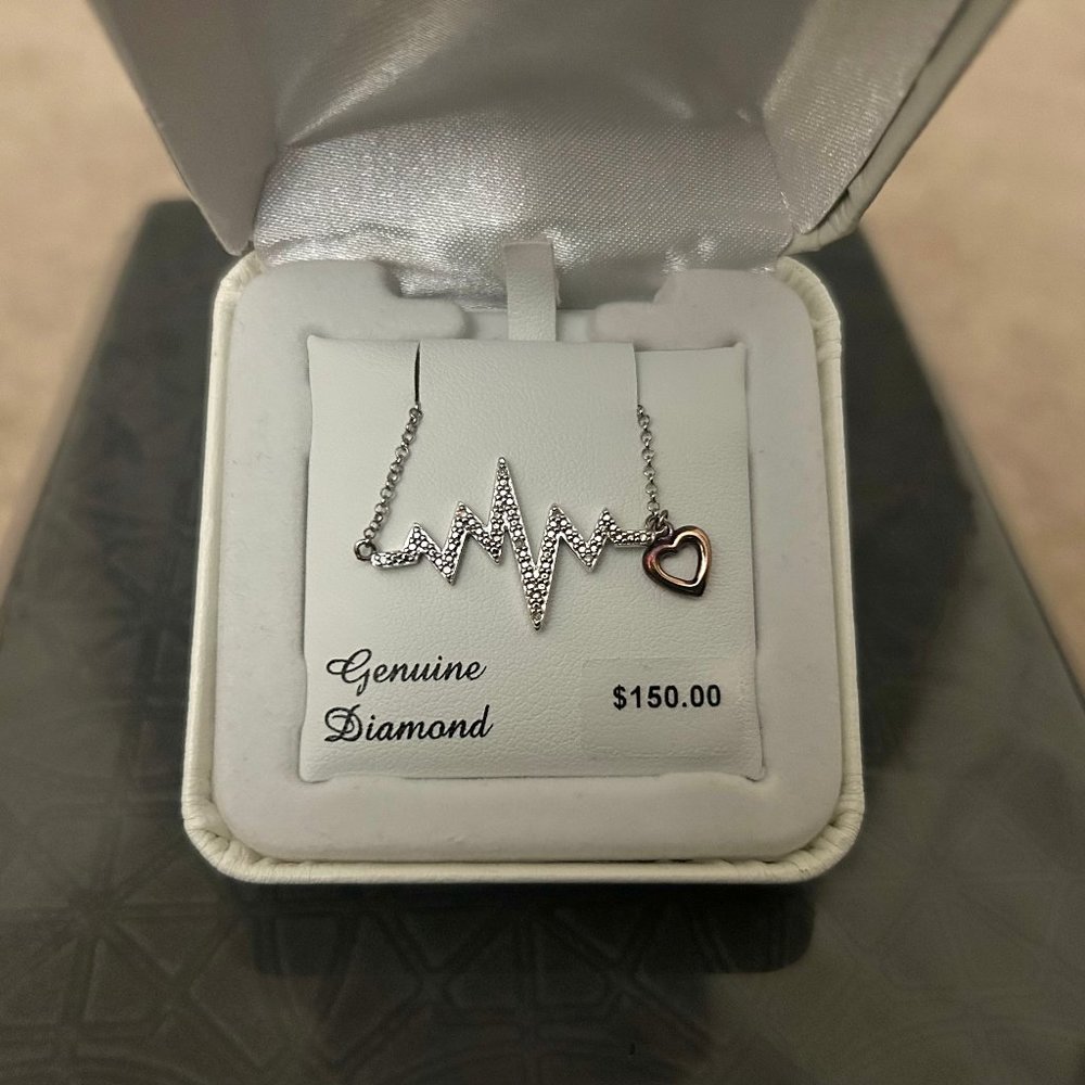 Two Tone Sterling Silver Diamond Accent Heartbeat Necklace